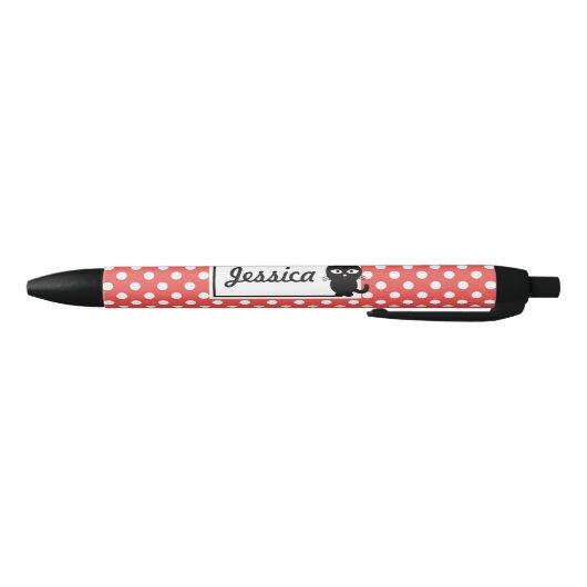 Red Polka Dot and Black Cat Personalized Zwarte Inkt Pen (Bodem)