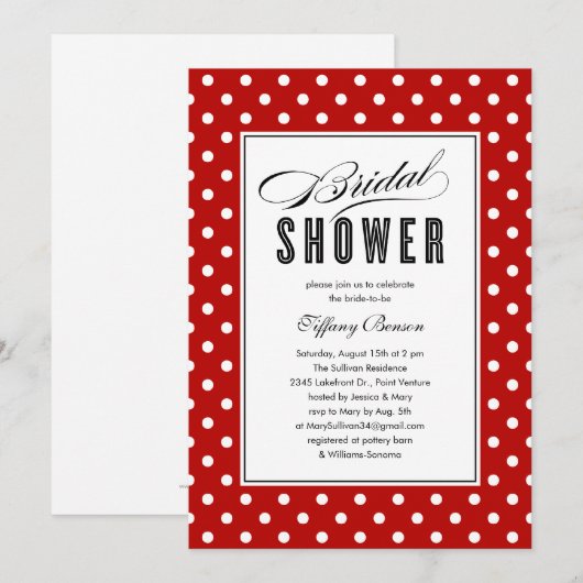 Red Polka Dot Bridal Shower Invitations Kaart (Voorkant / Achterkant)