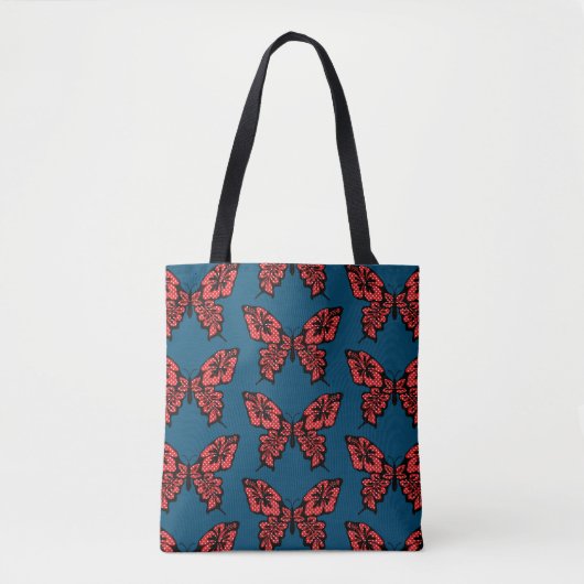 Red Polka Dot Butterfly Pattern on Blue Tote Bag (Voorkant)