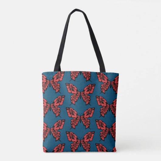 Red Polka Dot Butterfly Pattern on Blue Tote Bag (Achterkant)
