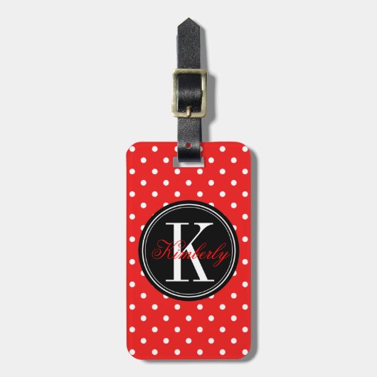 Red Polka Dot met Black Monogram Bagagelabel (Voorkant verticaal)