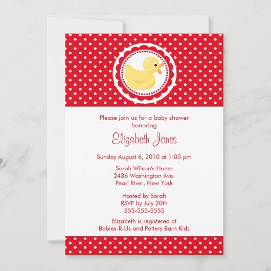 Red Polka Dots Duck Baby shower Kaart (Voorkant)