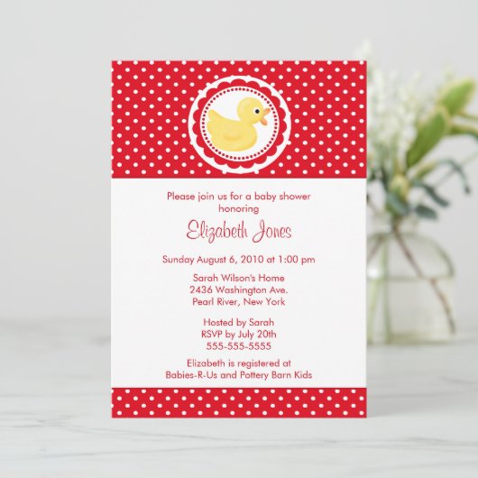 Red Polka Dots Duck Baby shower Kaart (Staand voorkant)
