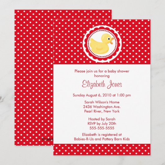 Red Polka Dots Duck Baby shower Kaart (Voorkant / Achterkant)