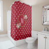 Red Polka Dots Elegant  Rozen Cute Monogram Douchegordijn (In situ)