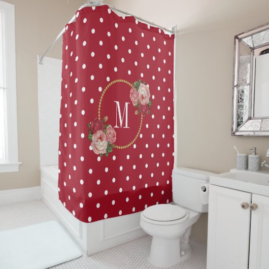 Red Polka Dots Elegant  Rozen Cute Monogram Douchegordijn (In situ)