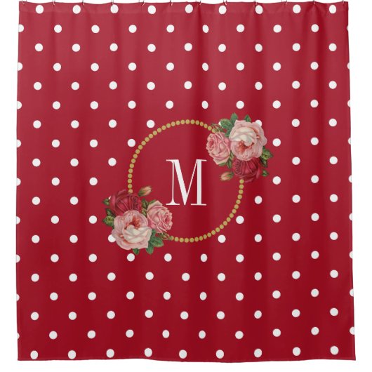 Red Polka Dots Elegant  Rozen Cute Monogram Douchegordijn (Voorkant)