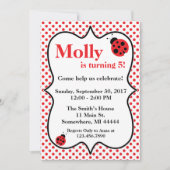 Red Polkadot Ladybug Birthday Party Invitation Kaart (Voorkant)