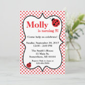 Red Polkadot Ladybug Birthday Party Invitation Kaart (Staand voorkant)