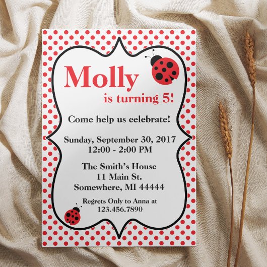 Red Polkadot Ladybug Birthday Party Invitation Kaart
