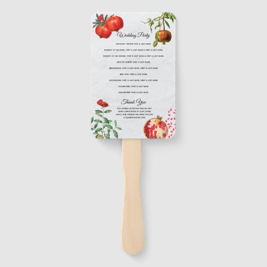 Red Pomegranate Mediterranean Wedding Programme Handwaaier (Achterkant)