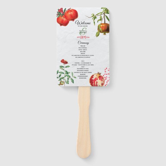 Red Pomegranate Mediterranean Wedding Programme Handwaaier (Voorkant)