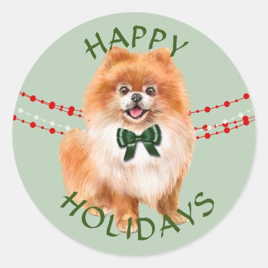 Red Pomeranian Green Bow Prettige feestdagen Ronde Sticker (Voorkant)