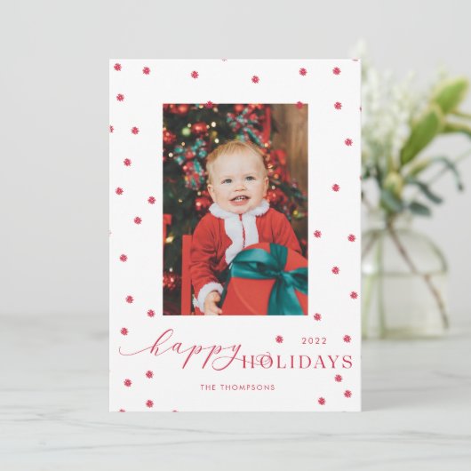 Red Pompoms Polka Dot Photo Holiday Card Kaart (Staand voorkant)