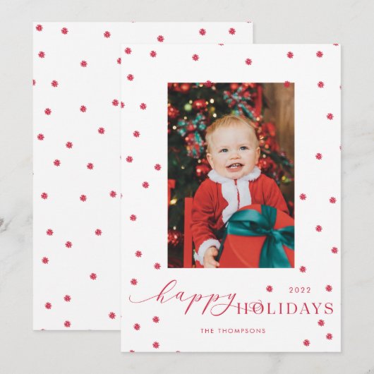 Red Pompoms Polka Dot Photo Holiday Card Kaart (Voorkant / Achterkant)