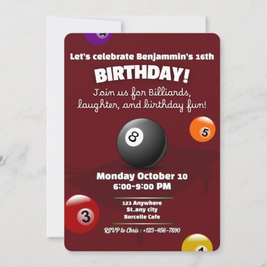 Red Pool Table Billiards Snooker Birthday Party Kaart (Voorkant)