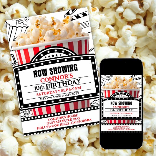 Red Popcorn Movie Night Party Invitation Kaart