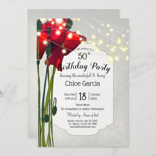 Red Poppies 50th Birthday Party | Grijs Kaart (Voorkant / Achterkant)