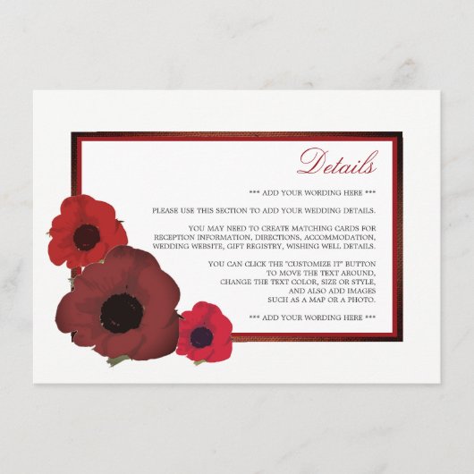 Red Poppies and Burlap Wedding Detail Informatiekaartje (Voorkant)