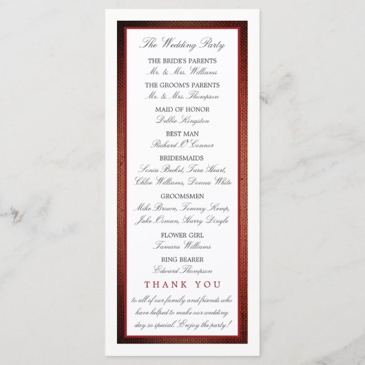 Red Poppies and Burlap Wedding Programme Programmakaart (Achterkant)