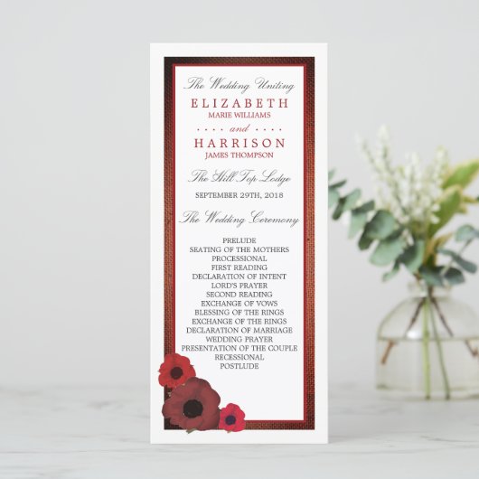 Red Poppies and Burlap Wedding Programme Programmakaart (Staand voorkant)