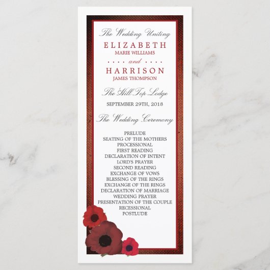 Red Poppies and Burlap Wedding Programme Programmakaart (Voorkant)