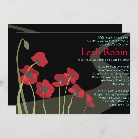 RED POPPIES Bat Mitzvah Wizard of Oz Invitation Kaart (Voorkant / Achterkant)