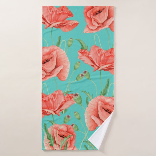 Red Poppies Blauwgroen Waterverf Bad Handdoek (Badhanddoek)