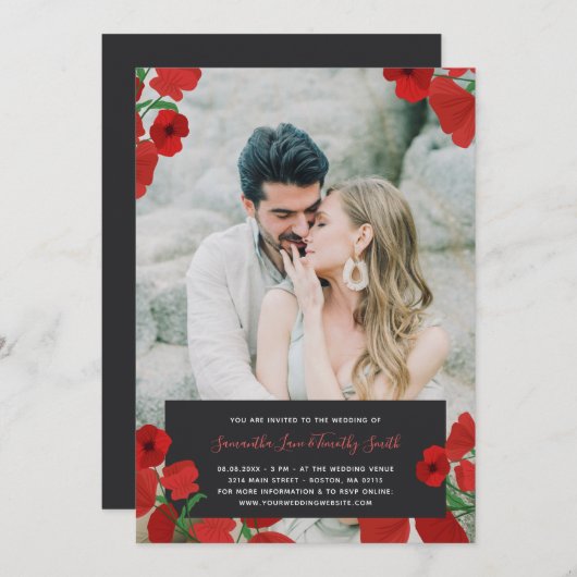 Red Poppies Custom Photo Wedding Kaart (Voorkant / Achterkant)