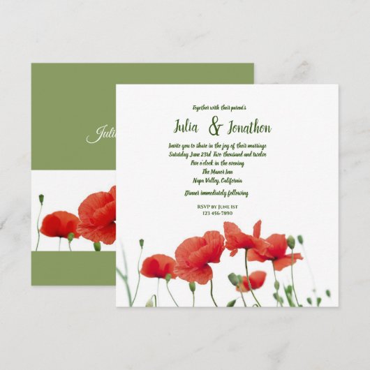 Red Poppies Custom Wedding Invitation Kaart (Voorkant / Achterkant)