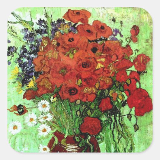 Red Poppies & Daisies Van Gogh Fine Art Vierkante Sticker (Voorkant)