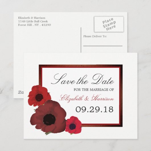 Red Poppies en Burlap Wedding Save the Date Aankondigingskaart (Voorkant / Achterkant)