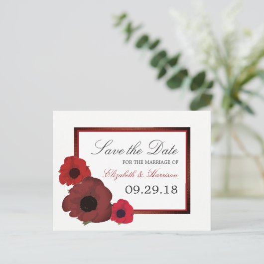 Red Poppies en Burlap Wedding Save the Date Aankondigingskaart (Staand voorkant)