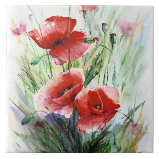 Red Poppies, fijne Waterverf door N. Stangrit Tegeltje (Voorkant)