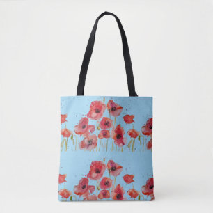 Red Poppies floral Flower Blue Bag Tote Bag