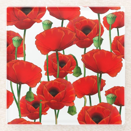 Red Poppies Floral Pattern Glazen Onderzetter (Voorkant)