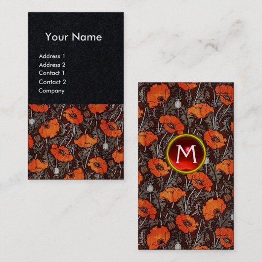 RED POPPIES Floral Ruby Monogram White Paper Visitekaartje (Voorkant / Achterkant)