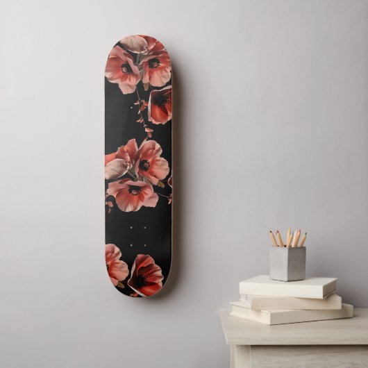 Red Poppies Flowers Black Persoonlijk Skateboard (Muurkunst)
