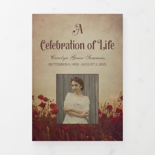 Red Poppies Funeral Program met foto's Drieluik Programma (Cover)