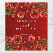 Red Poppies Glitter Elegant Wedding Wijn Etiket (Enkel label)