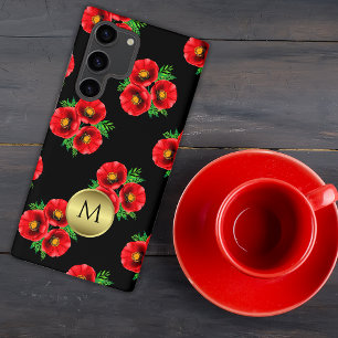 Red Poppies Gold Monogram Samsung Galaxy Hoesje