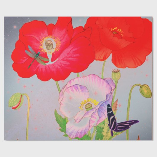 RED POPPIES JAPANESE COLLAGE Wrapping Paper Cadeaupapier (Vlak)