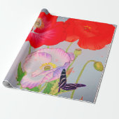 RED POPPIES JAPANESE COLLAGE Wrapping Paper Cadeaupapier (Uitgerold)