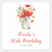 Red Poppies Mason Jar Verjaardag Vierkante Sticker (Voorkant)