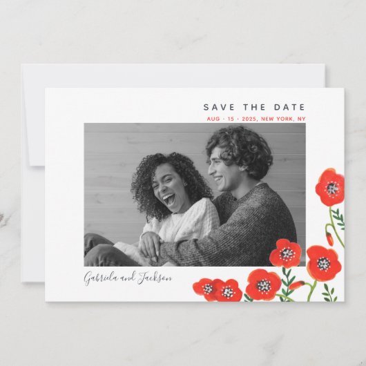 Red poppies moderne bloemetjesbruiloft redt datum save the date (Voorkant)