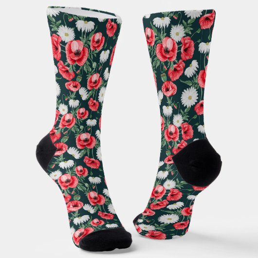 Red poppies on dark green sokken (Gebogen)