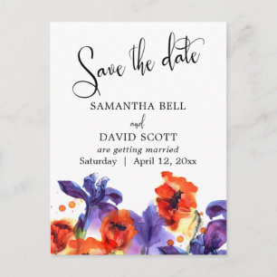Red Poppies, Paarse Iris Waterverf Save the Date Aankondigingskaart