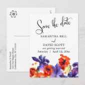 Red Poppies, Paarse Iris Waterverf Save the Date Aankondigingskaart (Voorkant / Achterkant)
