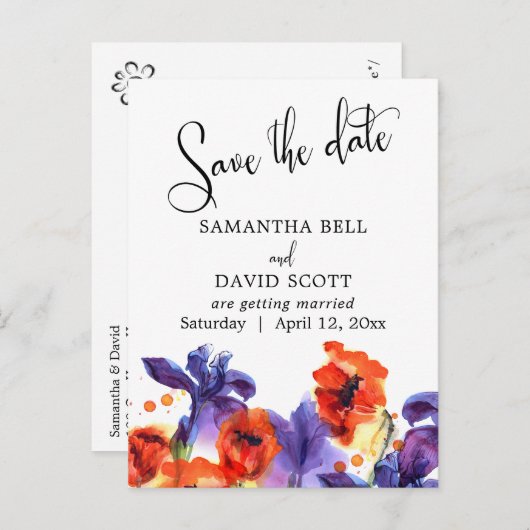 Red Poppies, Paarse Iris Waterverf Save the Date Aankondigingskaart (Voorkant / Achterkant)