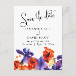 Red Poppies, Paarse Iris Waterverf Save the Date Aankondigingskaart